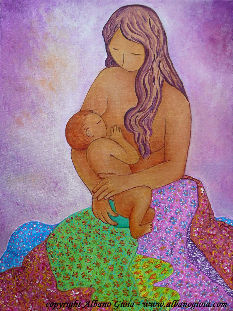 Breastfeeding art motherhood image painting Nurturing mama in a flowered skirt Gioia Albano